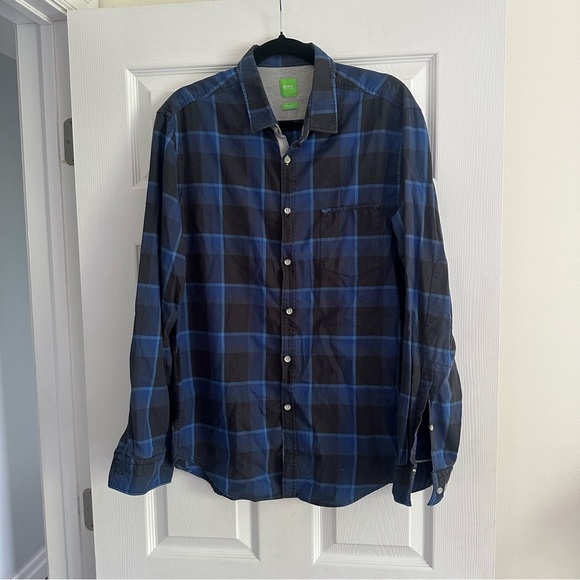 Size L Hugo Boss Men’s Blue Plaid Flannel Shirt - Picture 1 of 6